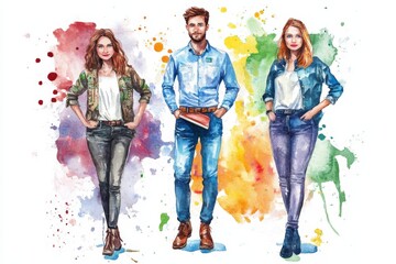 Naklejka premium Watercolor illustration of three sales representatives, symbolizing success, teamwork, diversity, confidence, and professionalism.