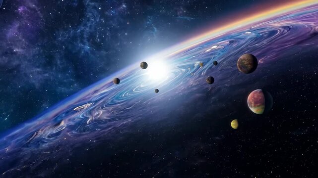 A vivid depiction of outer space featuring several planets orbiting in front of a distant star, with cosmic swirls and nebulae.

