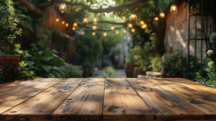 Rustic Wooden Table in Outdoor Restaurant Setting