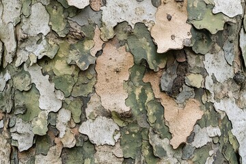 A close up of the camouflage pattern on a Sycamore tree's bark
