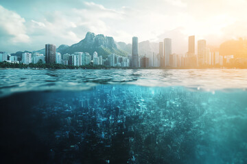 Naklejka premium A breathtaking view of a city skyline with underwater elements, mountain background, and sunset, blending urban and natural beauty.