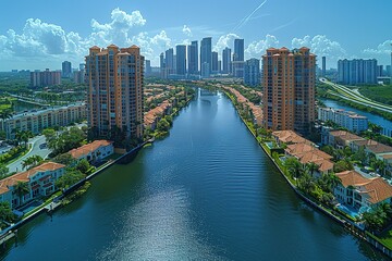 Fototapeta premium A city with a river running through it and a bridge over the water