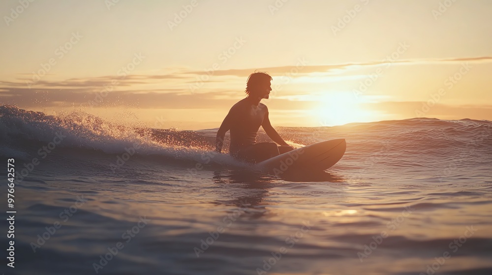 Canvas Prints A surfer sits patiently on his board in the ocean, waiting for the perfect wave, as the sun sets behind him, creating a serene and peaceful atmosphere.