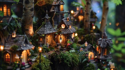 Fototapeta premium Miniature Fairy Village with Lights and Moss