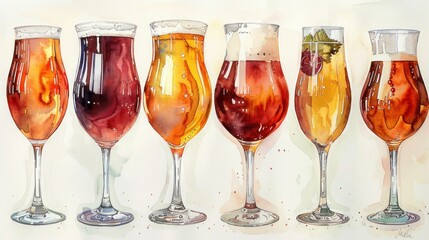 Variety of Watercolor Beer Glasses Set on White Background - Isolated Different Kinds of Beer Glasses