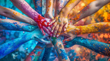 Group of people joining hands covered with colorful powder paint