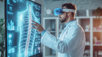 Doctor with futuristic eyeglasses analyzing the spine using AI technology.