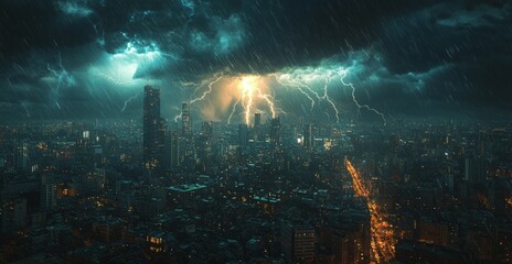 Charging storm over a darkened cityscape, lightning bolts striking with force, the environment alive with energy