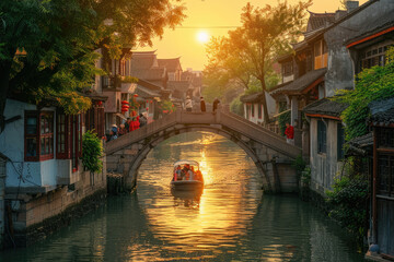 Naklejka premium In the evening of a Chinese ancient town, boats in stone bridges and canals