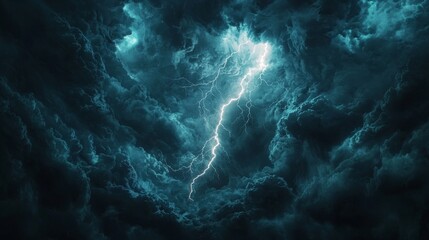 Close-up of a lightning bolt splitting the dark stormy sky, intense energy crackling with force, clouds swirling in a chaotic dance