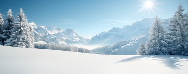 Obraz premium Serene Winter Wonderland with Snowy Mountains and Sunburst