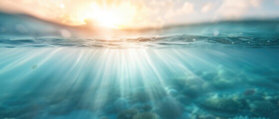 Obraz premium Sunset Reflections over Clear Waters, shimmering surfaces blend with vibrant hues, underwater life subtly illuminated by golden rays breaking through the tranquil ocean.