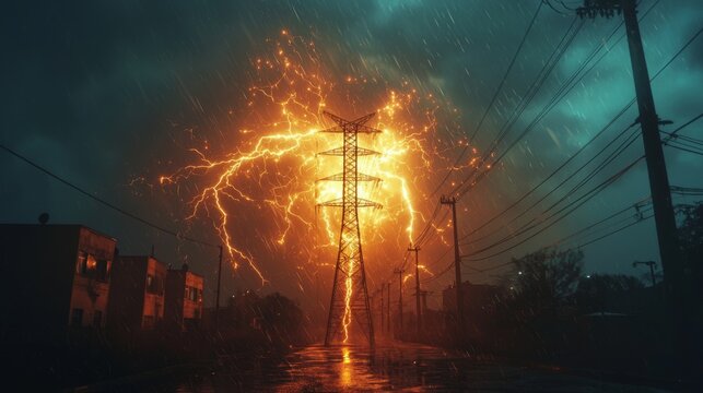 Close-up of high-voltage electricity arcing between power lines during a storm, intense brightness and force