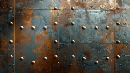 Fototapeta premium Rusty metal wall with rivets, weathered surface showcasing shades of blue and orange, a blend of industrial aesthetics and vintage charm.