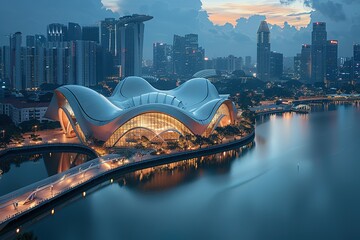 A city skyline with a large building in the middle