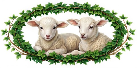 Fototapeta premium Two lambs, their woolly heads resting on the delicate, spiraling leaves of an ivy wreath, convey a sense