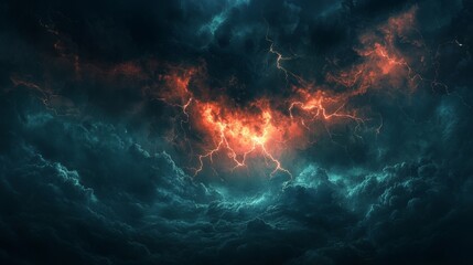 Dark and stormy atmosphere, charged with electricity as lightning strikes with powerful force