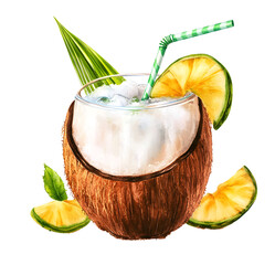 Coconut drink, illustration isolated on a transparent PNG background, white background , cut out, clipping path, Generative Ai