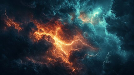 Dark and stormy sky, charged with energy, lightning bolts cutting through the clouds with force