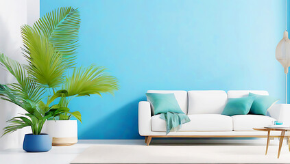 Minimalist and modern interior designof living room  featuring a color-themed layout, wall with soft shadows of palm  leaves cast across it,   