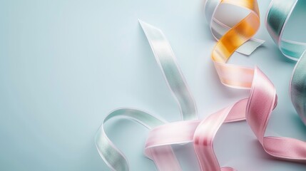 Delicate pastel ribbons elegantly intertwined, creating a whimsical display against a soft blue background, perfect for gifting or crafting inspiration.