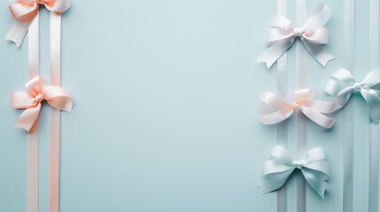 Obraz premium Pastel ribbons and bows arranged on a soft blue background, perfect for gift wrapping or celebration decorations, evoking a sense of elegance and joy.