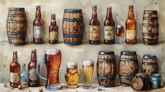 Vintage Hand-Drawn Beer Elements: Glasses, Mugs, Bottles, and Wooden Barrels Engraved in Ink - Perfect for Invitations and Pub Menus!