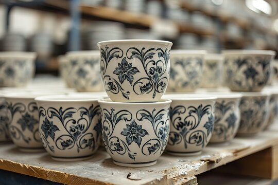 A stack of blue and white ceramic cups with floral designs