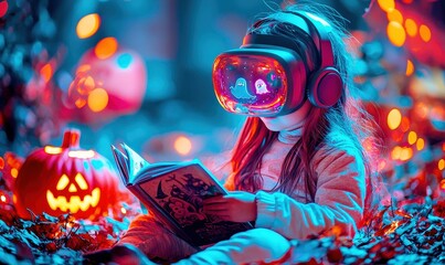 A cute kid wearing a futuristic VR headset. The child is reading a holographic book with floating, glowing Halloween decorations