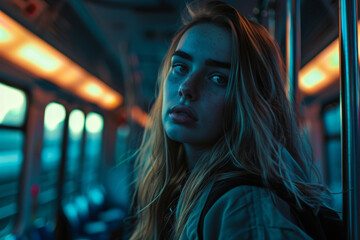 Obraz premium young woman with long, wavy hair and freckles gazes thoughtfully in dimly lit train. atmosphere is moody and cinematic, capturing moment of introspection
