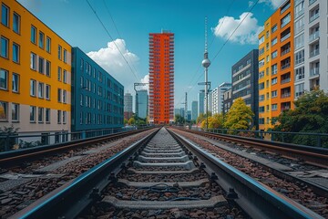 Fototapeta premium A train tracks in the middle of a city with a red building in the background