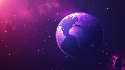 Space planet background with an astronomy theme. This abstract technological cosmos background features a purple-colored planet Earth. The design emphasizes the universe or galaxy concept digital.