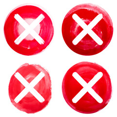 Obraz premium set collection of red caution warning, stop, danger, prohibition symbol, diagonal cross mark inside a circle, brush strokes watercolor ink, transparent background.