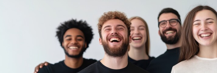 Obraz premium A diverse group of five friends laugh joyfully together inside a modern room, showcasing multicultural unity and genuine happiness.