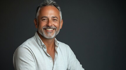 Obraz premium A middle-aged man with grey hair and a beard smiles happily.