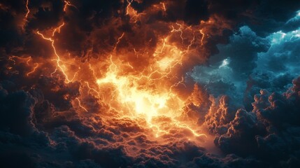Dark striking climate storm, lightning bolts cutting through the clouds with intense force
