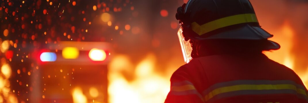 A firefighter wearing protective gear facing a fire while emergency vehicle lights flash in the background during a nighttime operation, symbolizing bravery and heroism.