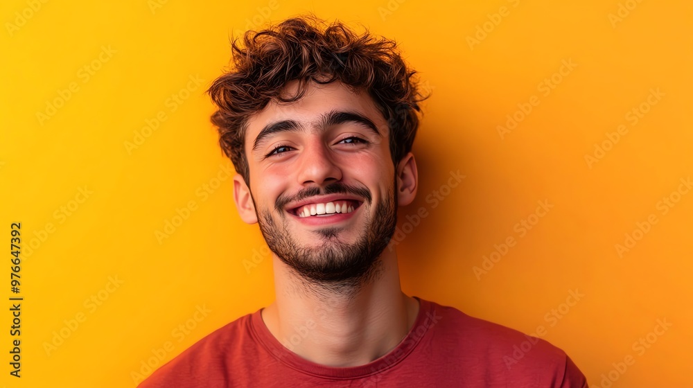 Wall mural A young man with curly brown hair and a beard smiles at the camera.