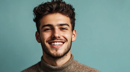 Obraz premium A young man with brown hair smiles against a blue-green background.