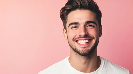 Fototapeta premium A young man with brown hair smiles at the camera.