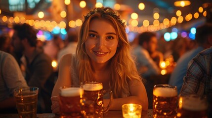 Cheers at Oktoberfest: Friends raising beer mugs in celebration