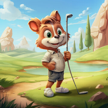 Cute Cartoon Gofer Dressed as a Golfer on a Golf Course