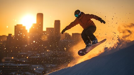 A snowboarder rides down a snowy slope with a city in the background at sunset.