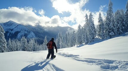 A snowboarder rides down a snowy mountain slope.
