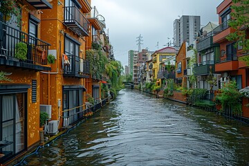 A canal with houses on both sides