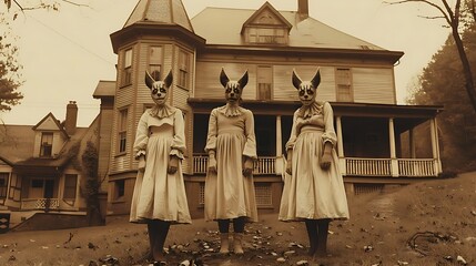 Three figures in masks stand in front of a vintage house.
