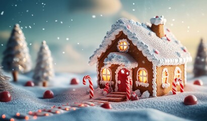 Snowy Gingerbread House in Winter Wonderland With Candy Decorations