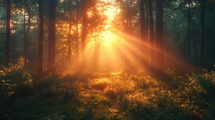 Fototapeta premium Warm Sunlight Illuminating a Peaceful Forest Scene Ideal for Nature and Relaxation Themes