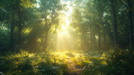 Obraz premium Warm Sunlight Illuminating a Serene Forest Landscape Perfect for Nature Enthusiasts and Outdoor Campaigns