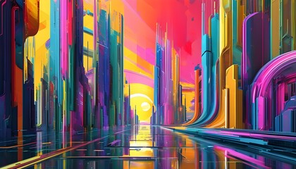 Futuristic Urban Symphony: Bold Colors and Dynamic Technology in Vibrant Abstract Digital Art